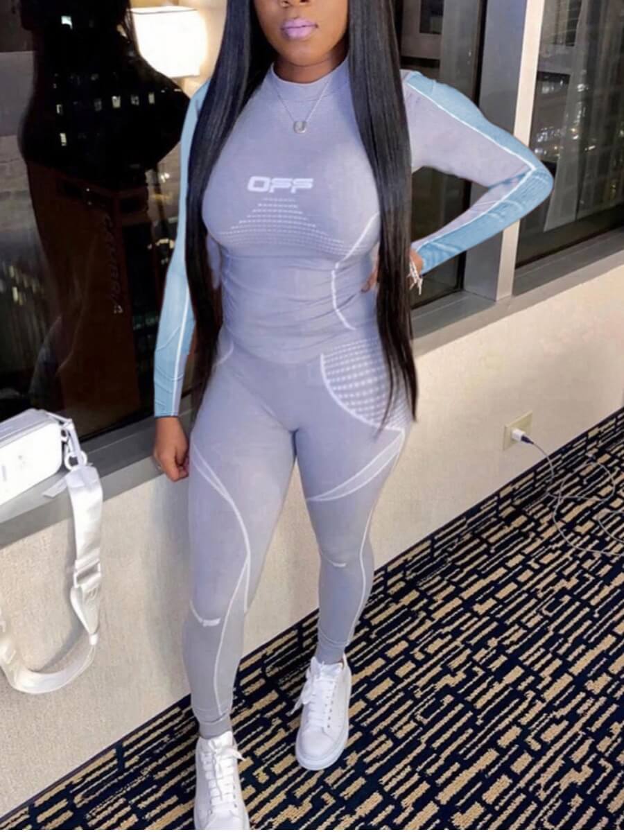 

Lovely Sportswear Striped Letter Print Grey Two Piece Pants Set