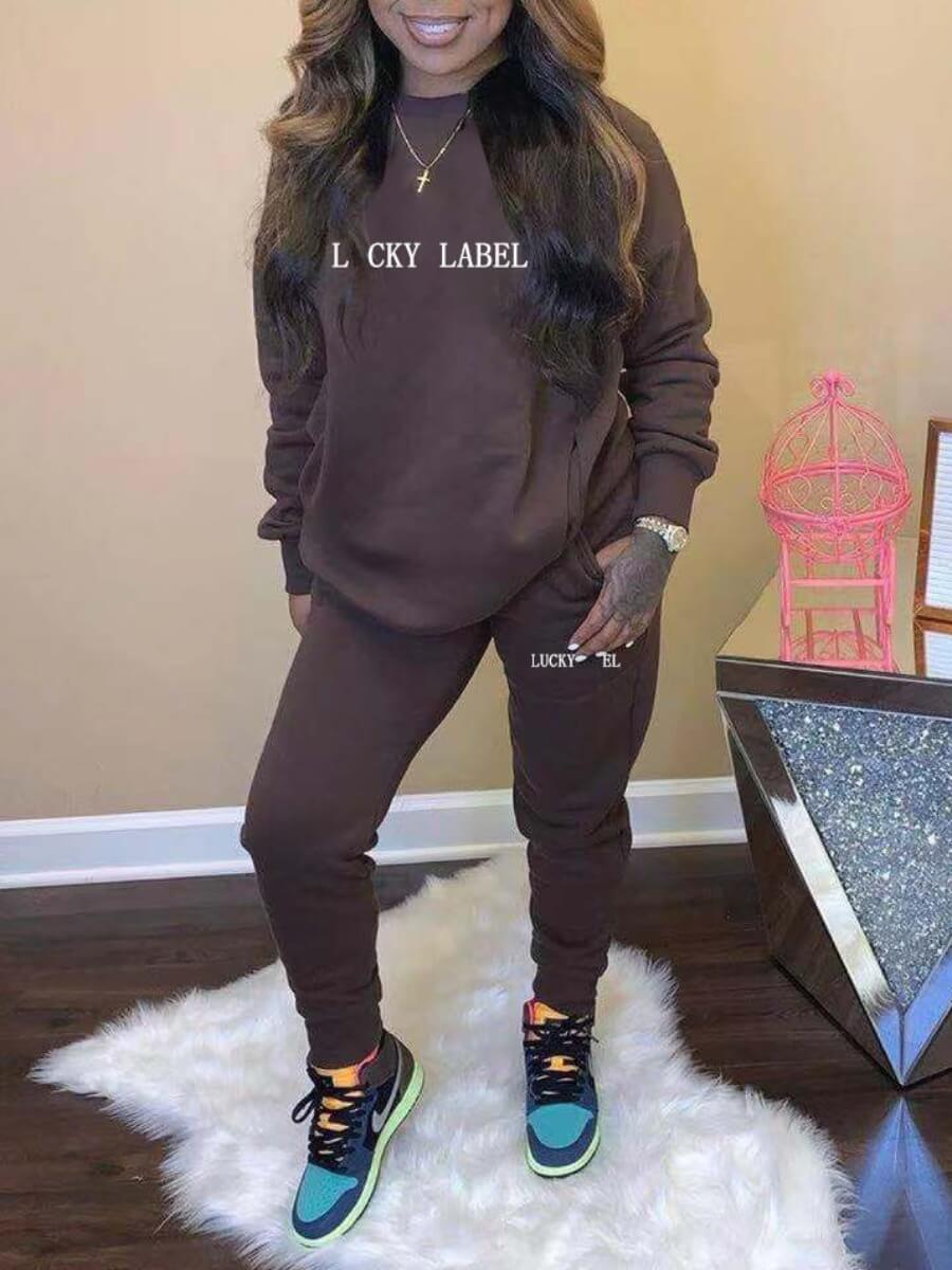 

Lovely Street Letter Print Kangaroo Pocket Coffee Two Piece Pants Set