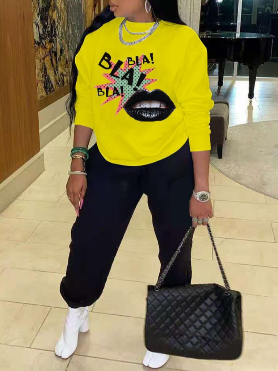 

Lovely Casual O Neck Lip Print Yellow Two Piece Pants Set