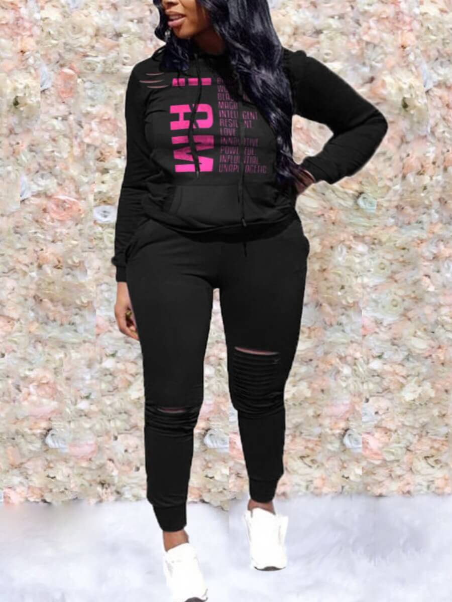 

Lovely Street Letter Print Ripped Black Two Piece Pants Set