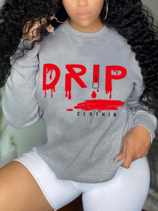 

Lovely Casual O Neck Letter Print Grey Plus Size Hoodie