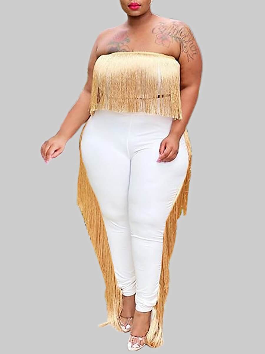 

Lovely Stylish Bateau Neck Tassel Design Patchwork White Plus Size Two-piece Pants Set