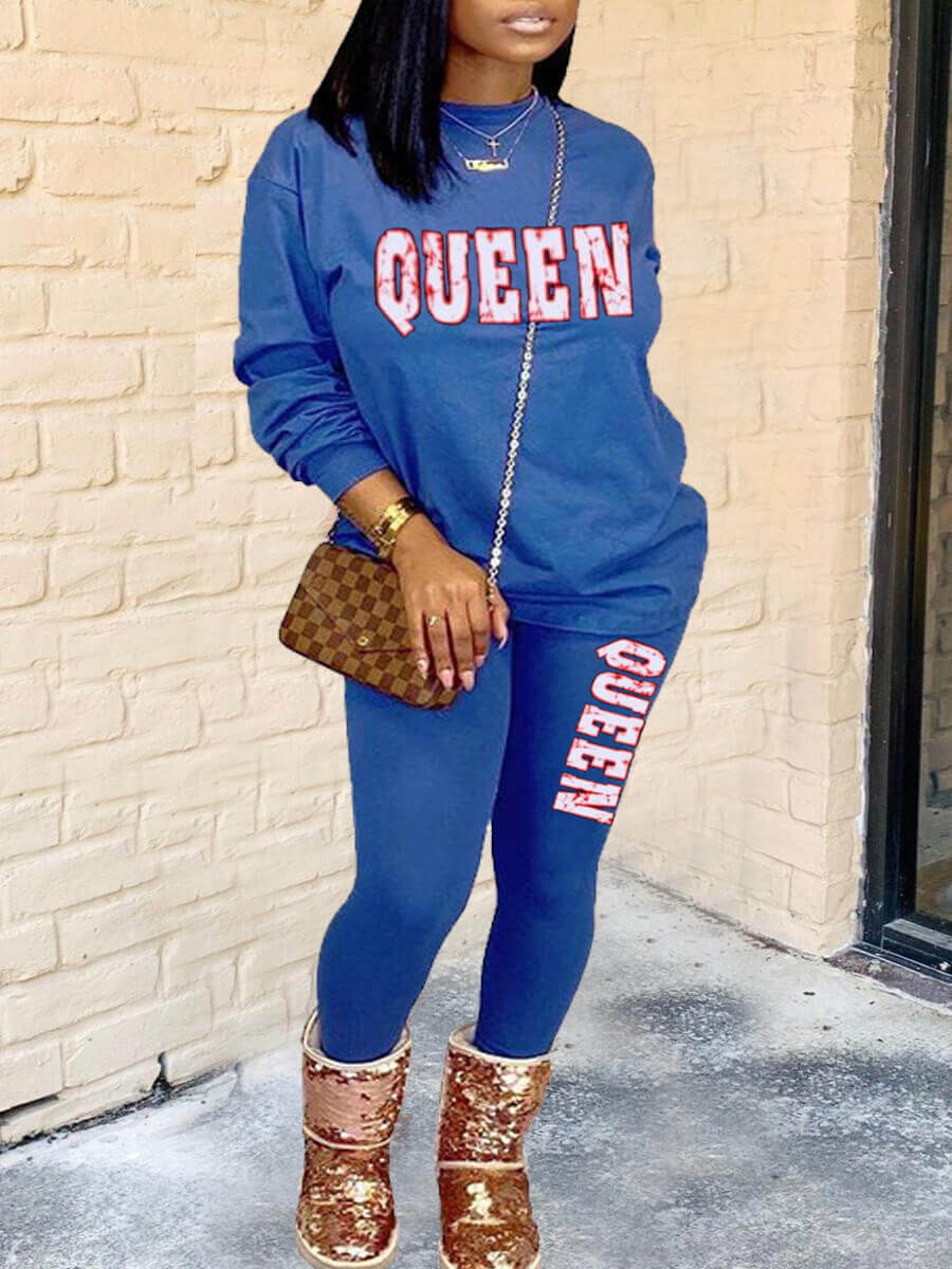 

LW BASICS Casual Letter Print Blue Two Piece Pants Set