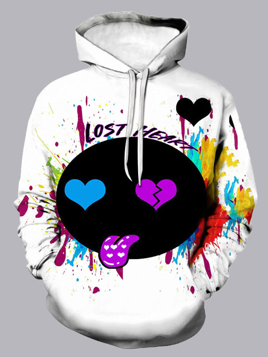 

Lovely Street Tie-dye Heart-shaped Print Patchwork White Men Hoodie
