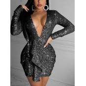 Lovely Sexy Deep V Neck Flounce Design Black Mini 