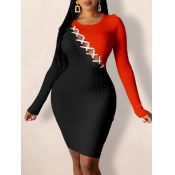 Lovely Casual Hollow-out Patchwork Black Knee Leng