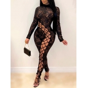 Lovely Sexy Turtleneck Hollow-out Black One-piece 