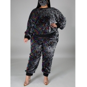 Lovely Casual O Neck Patchwork Black Plus Size Two