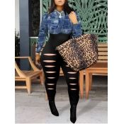 Lovely Casual O Neck Patchwork Ripped Black Plus S