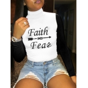 LW Turtleneck Letter Print Patchwork T-shirt