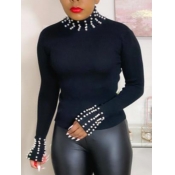 LW Half A Turtleneck Pearl Decoration T-shirt