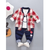 Lovely Street Mandarin Collar Grid Print Red Boy T