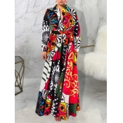 Lovely Trendy Turndown Collar Print Red Maxi Dress