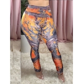 LW Casual Mid Elastic Print Skinny Orange Pants