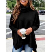Lovely Casual Turtleneck Asymmetrical Loose Black 