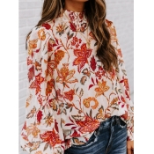 LW Chic Mandarin Collar Plants Print Croci Blouse