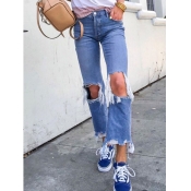 Lovely Stylish High Waist Broken Holes Blue Jeans