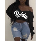 Lovely Street V Neck Letter Print Black T-shirt