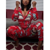 Lovely Home Style Hooded Collar Print Red Sleepwea