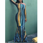 Lovely Party Off The Shoulder Striped Print Blue F