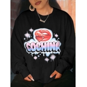 Lovely Casual O Neck Lip Print Loose Black Hoodie