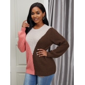 Lovely Casual O Neck Color-lump Patchwork Pink Swe