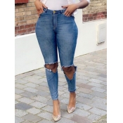 Lovely Trendy Hollow-out Deep Blue Jeans