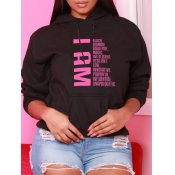 Lovely Casual Hooded Collar Letter Print Black Plu