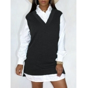 Lovely Casual V Neck Patchwork Black Shirt Mini Dr