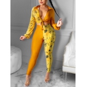 Lovely Casual Print Patchwork Yellow Two Piece Pan