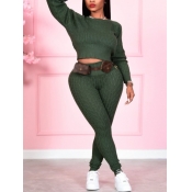 Lovely Casual O Neck Basic Skinny Green Two Piece 