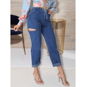 Lovely Casual Broken Holes Deep Blue Jeans