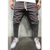 Lovely Men Casual Plaid Print Drawstring Red Pants