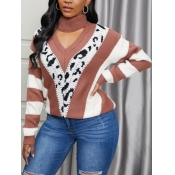 Lovely Casual V Neck Striped Brown Sweater