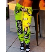 Lovely Street Letter Print Drawstring Green Pants