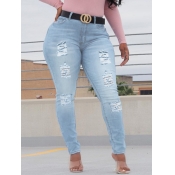 Lovely Casual Broken Holes Elastic Baby Blue Jeans