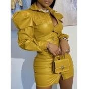 Lovely Stylish Button Ruffle Design Yellow Leather