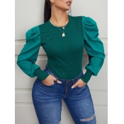 Lovely Chic Puffed Sleeve Patchwork Green Blouse