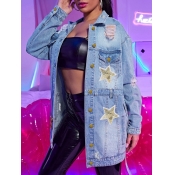 Lovely Casual Star Print Broken Holes Lace-up Blue