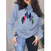Lovely Casual O Neck Feather Print Grey Hoodie