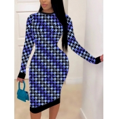 Lovely Casual O Neck Plaid Print Blue Mid Calf Dre
