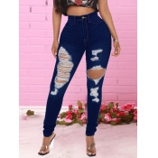 Lovely Casual High-waisted Broken Holes Blue Jeans
