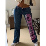 Lovely Sportswear Letter Print Blue Jeans