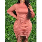 Lovely Trendy Drawstring Fold Design Pink Knee Len