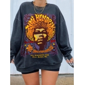 Lovely Casual O Neck Long Sleeve Print Grey Plus S