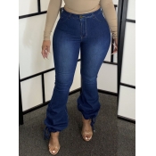 Lovely Casual High-waisted Zipper Design Deep Blue
