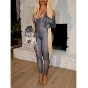 Lovely Sexy Hollow-out Flared Sequined Grey One-pi