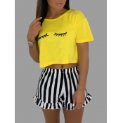 Lovely Casual O Neck Striped Patchwork Yellow Slee