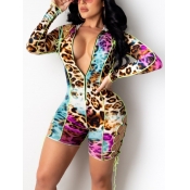 Lovely Sexy Hooded Collar Leopard Print Multicolor