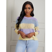 Lovely Casual O Neck Color-Block Stitching Hollow-